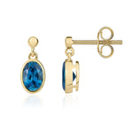 9ct Yellow Gold Oval Natural London Blue Topaz Rubover Drop Earrings — 6x4mm