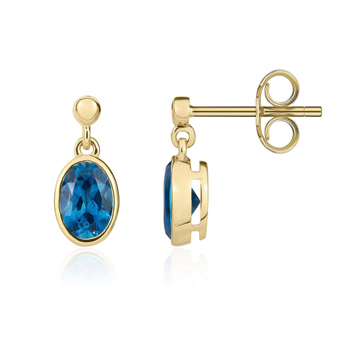 9ct Yellow Gold Oval Natural London Blue Topaz Rubover Drop Earrings — 6x4mm