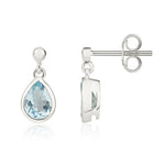 9ct White Gold Pear Shaped Natural Aquamarine Rubover Drop Earrings — 7x5mm