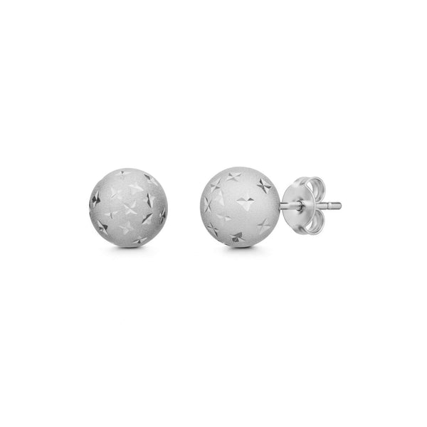 9ct White Gold Star Cut Satin Ball Stud Earrings — 8mm