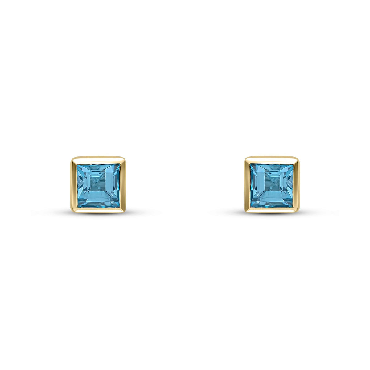 9ct Yellow Gold Square Natural Swiss Blue Topaz Rubover Stud Earrings — 3mm