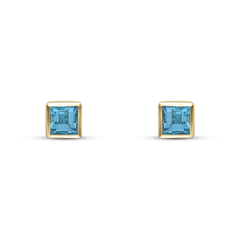 9ct Yellow Gold Square Natural Swiss Blue Topaz Rubover Stud Earrings — 3mm