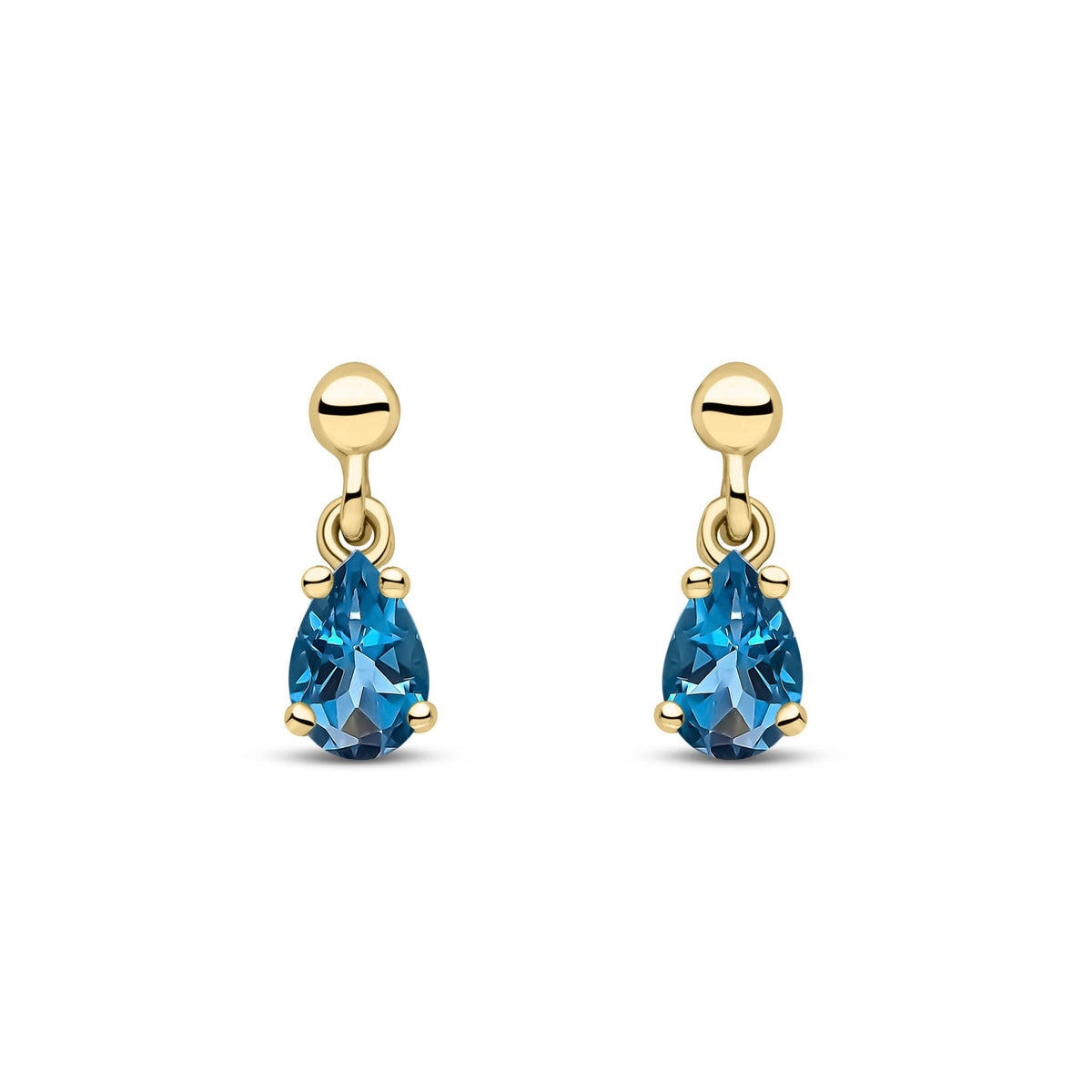 9ct Yellow Gold Pear Shaped Natural London Blue Topaz Claw Drop Earrings — 6x4mm