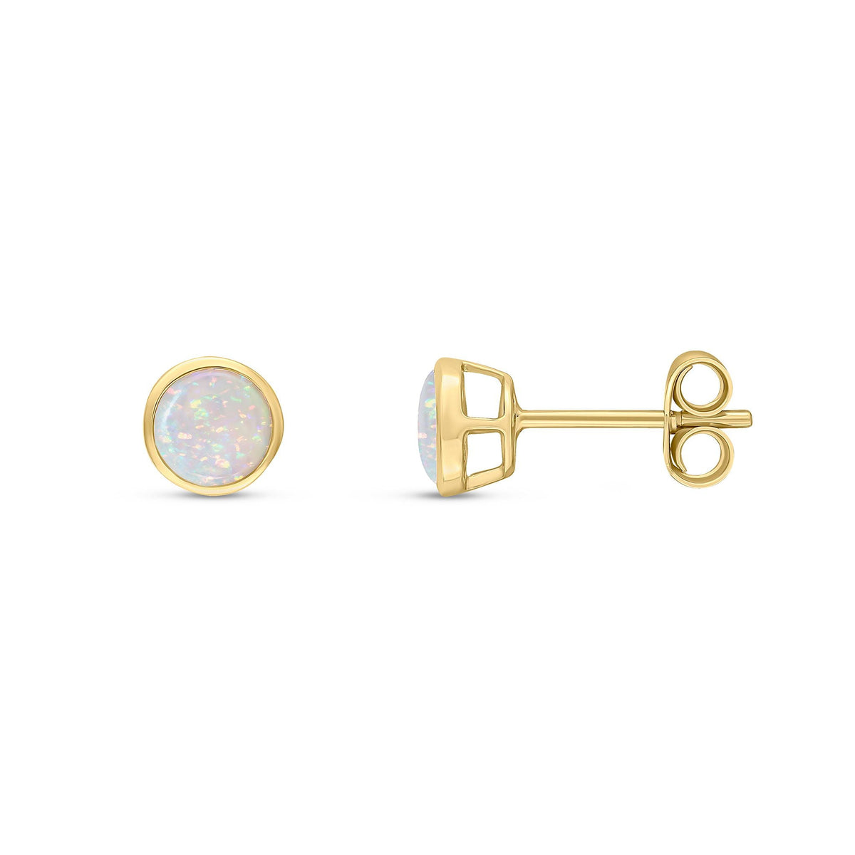 9ct Yellow Gold Round Natural Opal Rubover Stud Earrings — 5mm