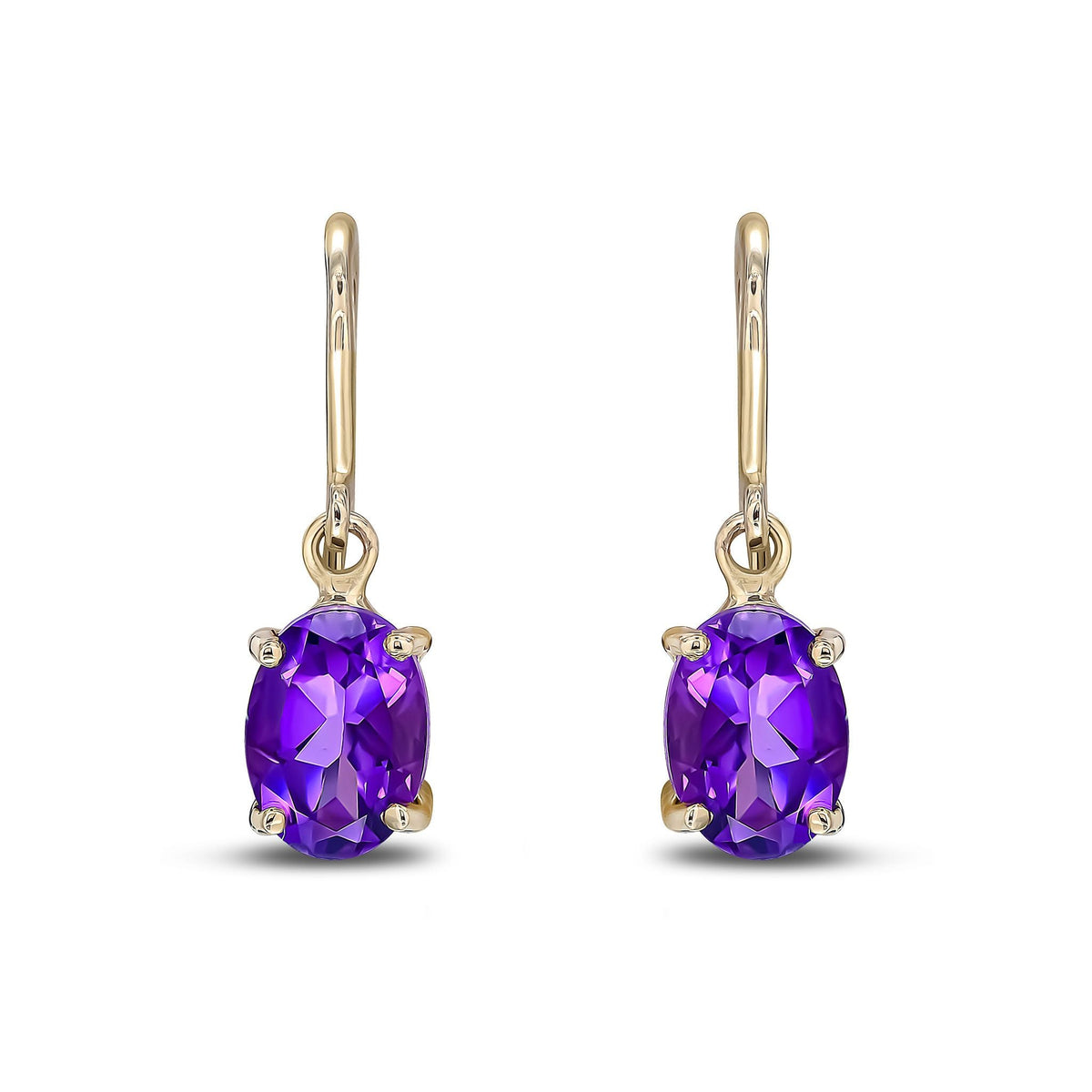 9ct Yellow Gold Oval Natural Amethyst Claw Hook Wire Drop Earrings — 7x5mm