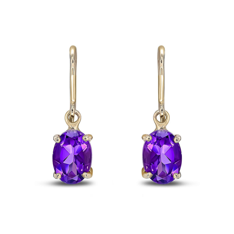 9ct Yellow Gold Oval Natural Amethyst Claw Hook Wire Drop Earrings — 7x5mm