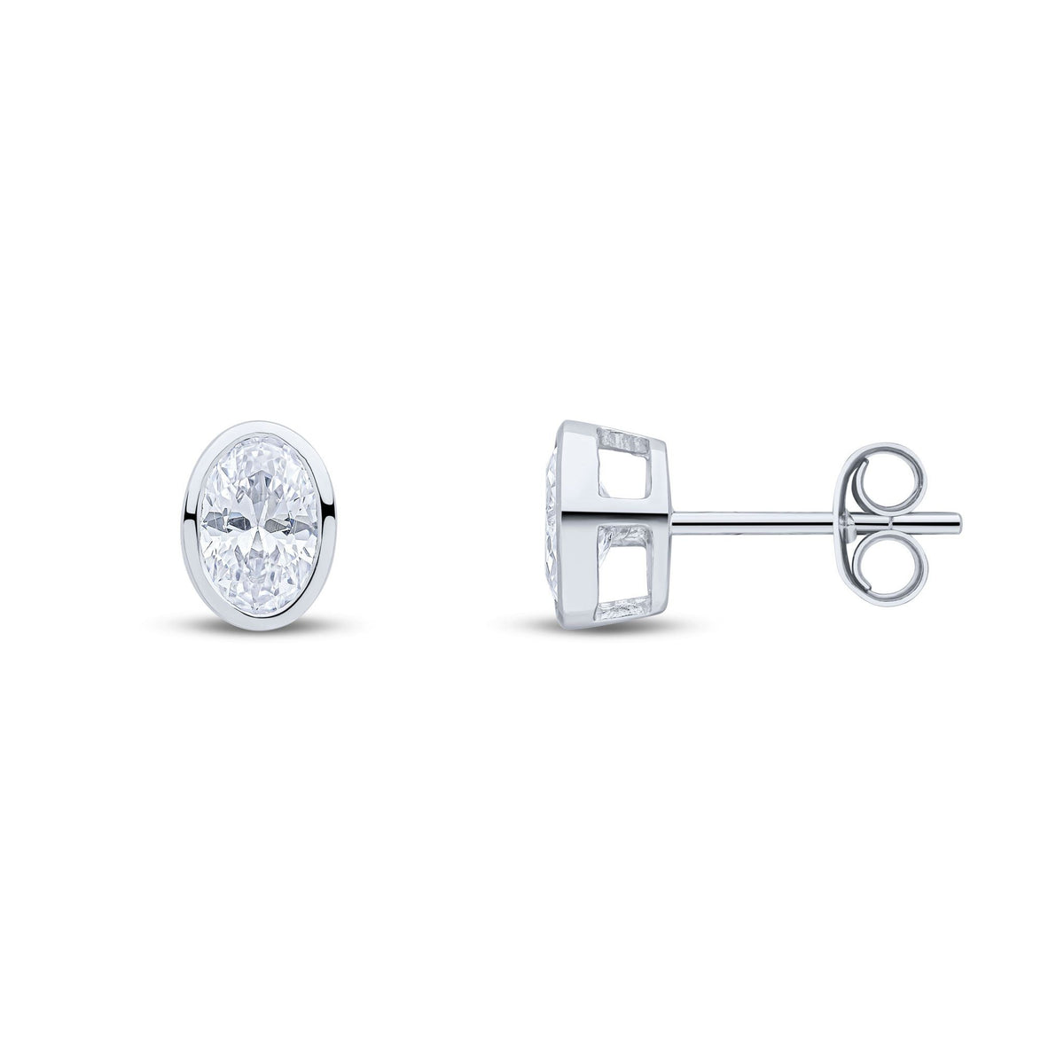 9ct White Gold Oval Cubic Zirconia CZ Rubover Stud Earrings — 6x4mm