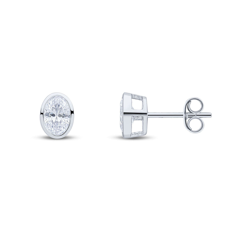 9ct White Gold Oval Cubic Zirconia CZ Rubover Stud Earrings — 6x4mm
