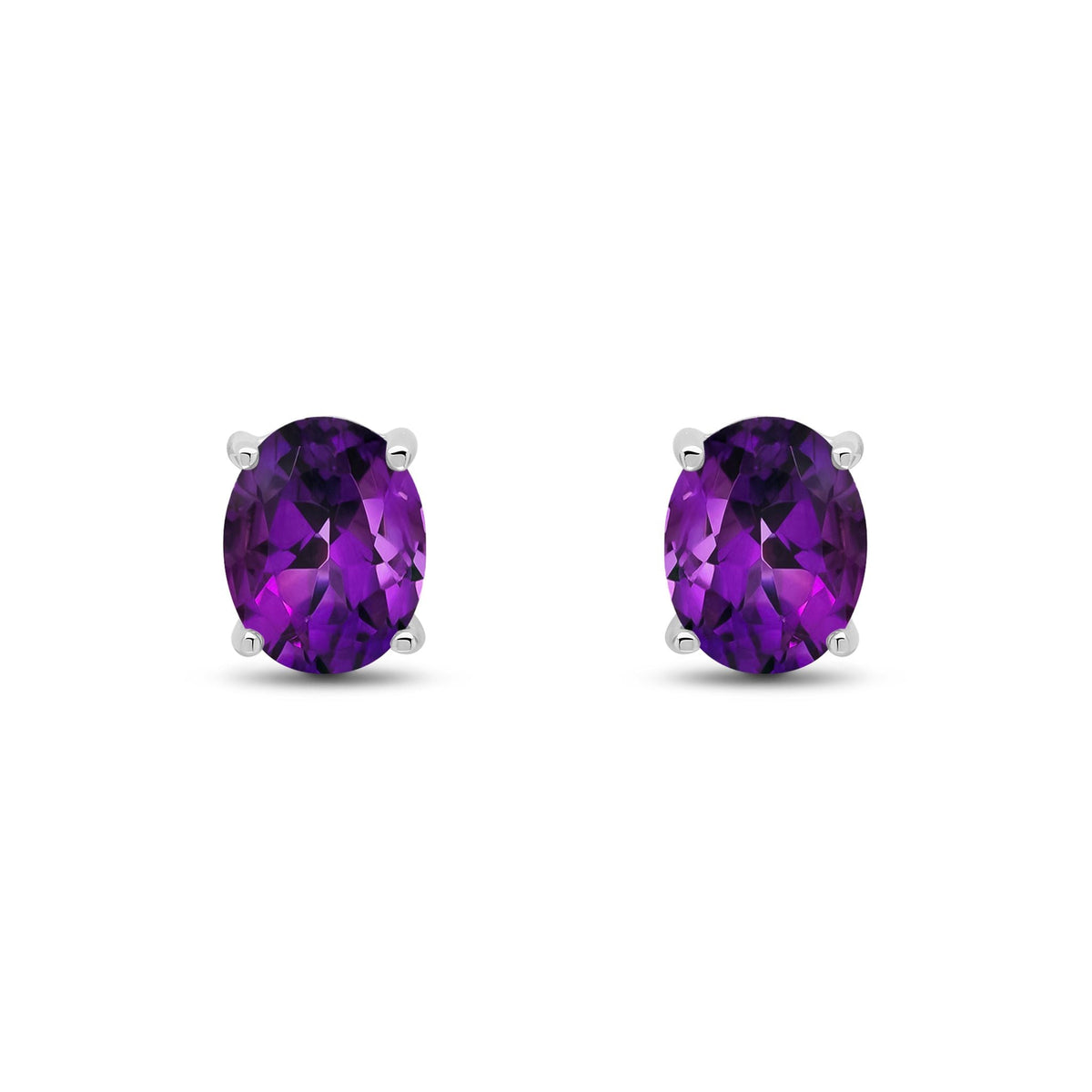 9ct White Gold Oval Natural Amethyst Claw Stud Earrings — 9x7mm