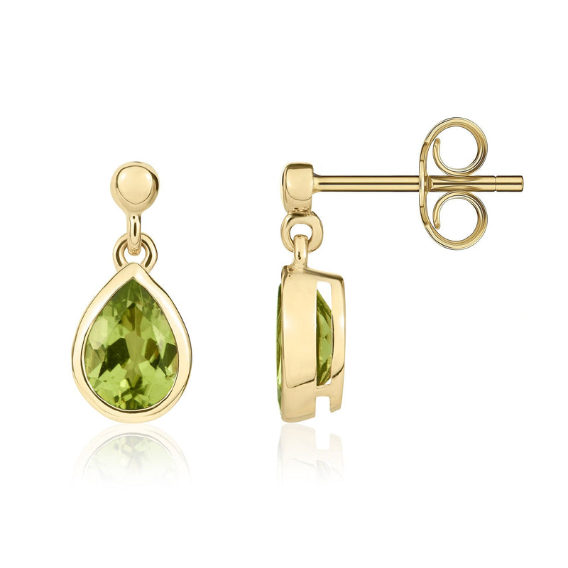 9ct Yellow Gold Pear Shaped Natural Peridot Rubover Drop Earrings — 7x5mm