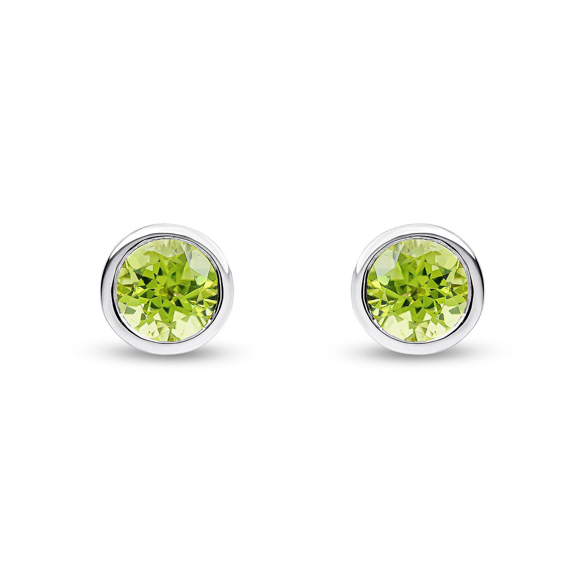 9ct White Gold Round Natural Peridot Rubover Stud Earrings — 6mm
