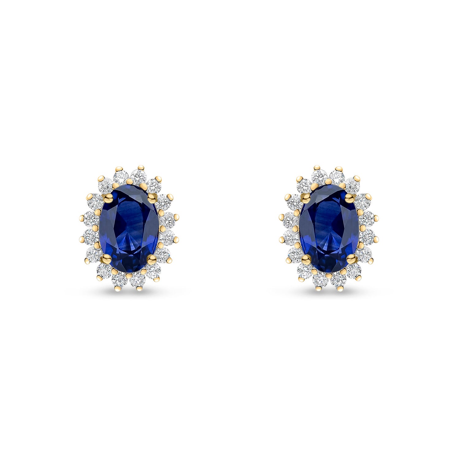 18ct Yellow Gold Oval Natural Sapphire and Round Diamond Claw Set Cluster Stud Earrings — 6x4mm
