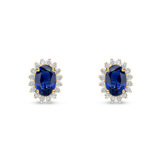 18ct Yellow Gold Oval Natural Sapphire and Round Diamond Claw Set Cluster Stud Earrings — 6x4mm