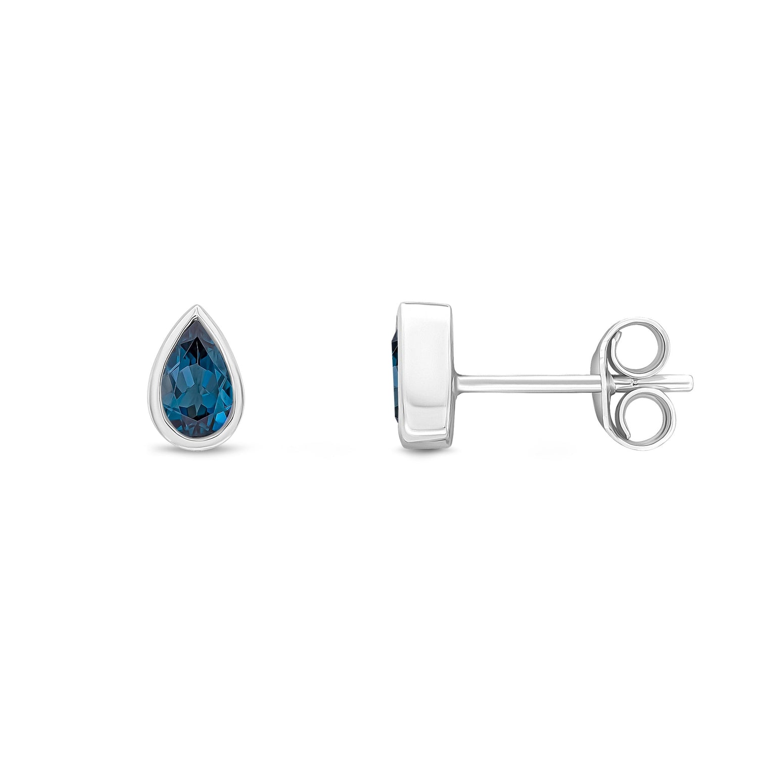 9ct White Gold Pear Shaped Natural London Blue Topaz Rubover Stud Earrings — 5x3mm