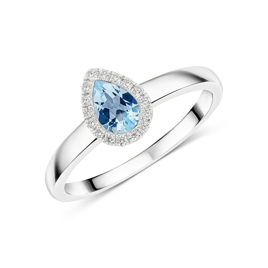 18ct White Gold Pear Shape Aquamarine and Diamond Microset Cluster Ring — 6x4mm