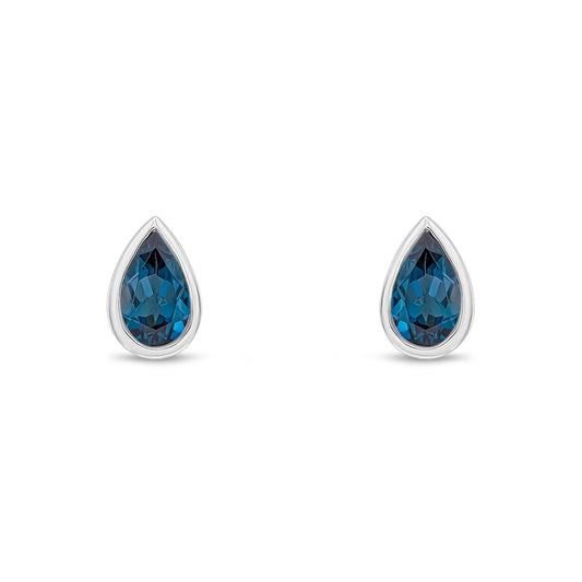 9ct White Gold Pear Shaped Natural London Blue Topaz Rubover Stud Earrings — 5x3mm