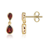 9ct Yellow Gold Pear Shaped Natural Garnet Two Stone Rubover Drop Earrings