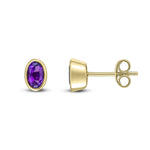 9ct Yellow Gold Oval Natural Amethyst Rubover Stud Earrings — 5x3mm