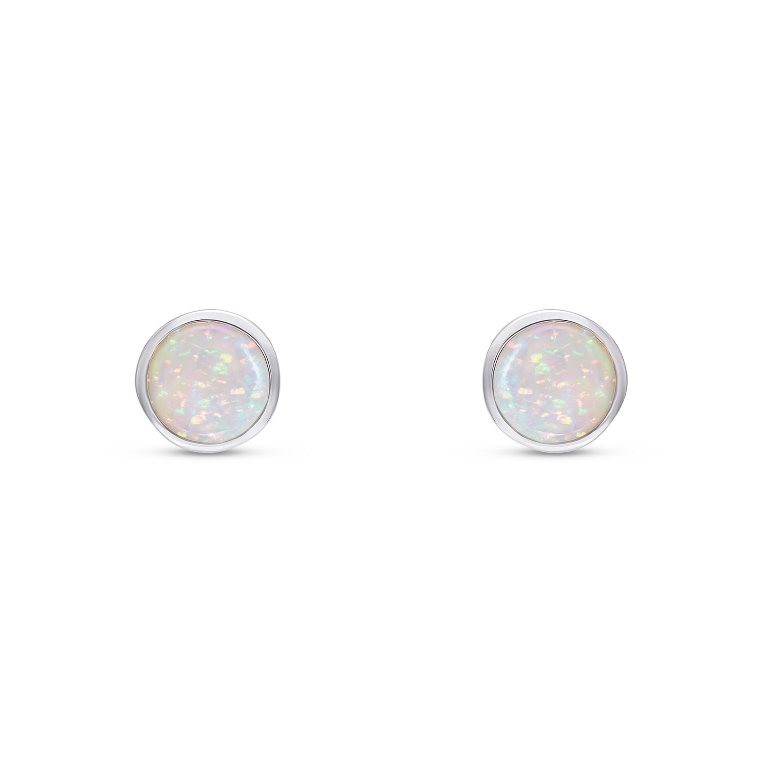 9ct White Gold Round Natural Opal Rubover Stud Earrings — 5mm