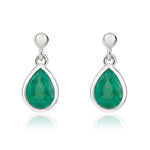 9ct White Gold Pear Shaped Natural Emerald Rubover Drop Earrings — 7x5mm