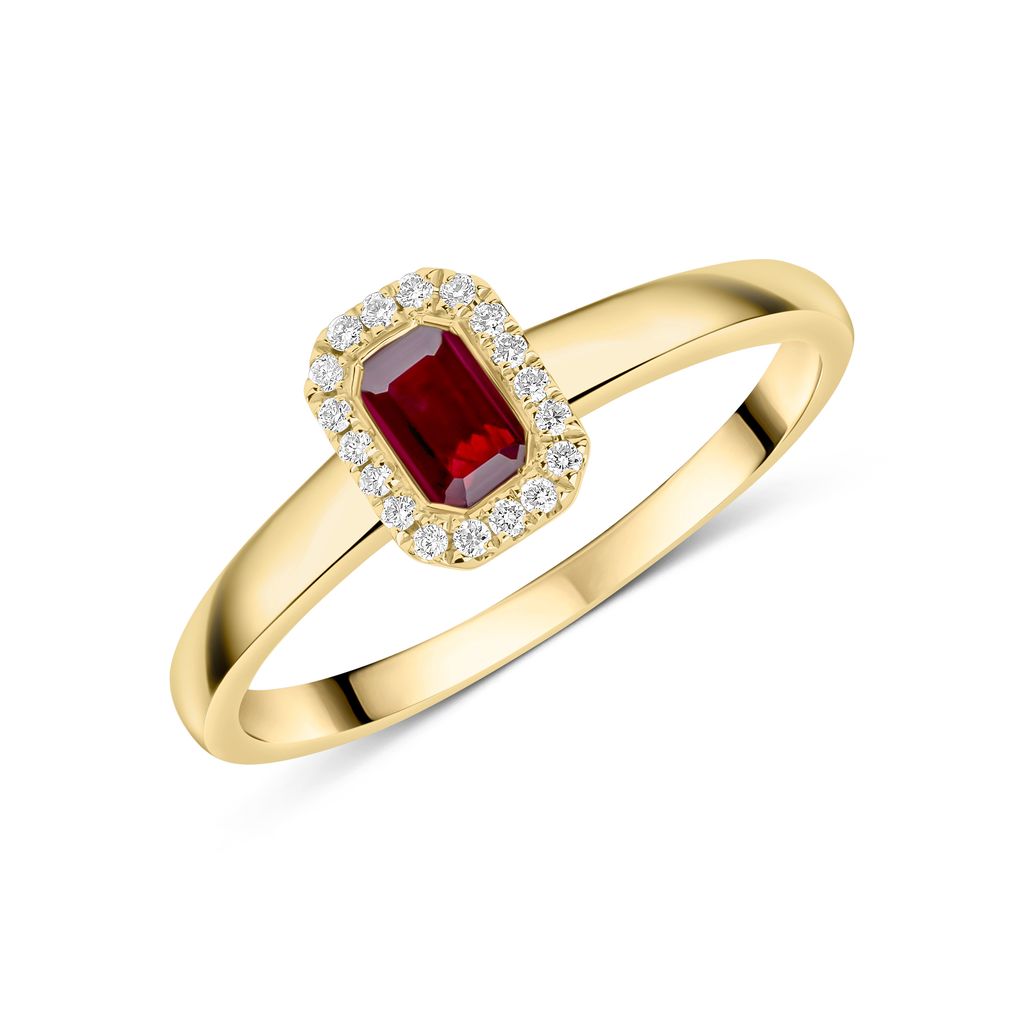 18ct Yellow Gold Emerald Cut Ruby and Diamond Microset Cluster Ring — 5x3mm
