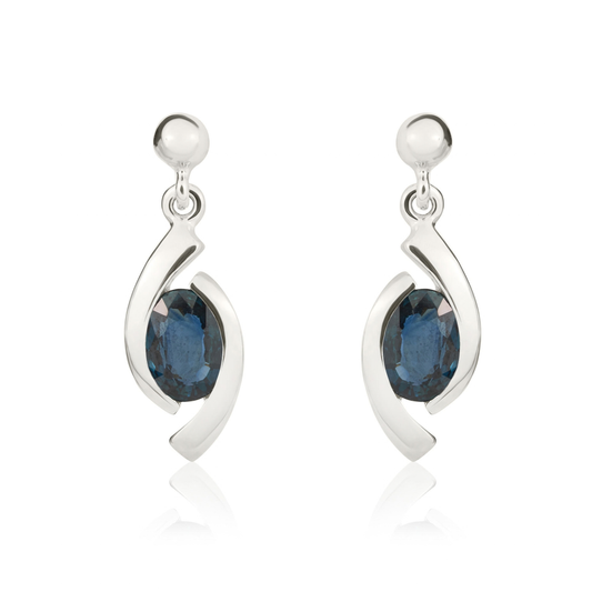 9ct White Gold Oval Natural Sapphire 'Eye' Drop Earrings