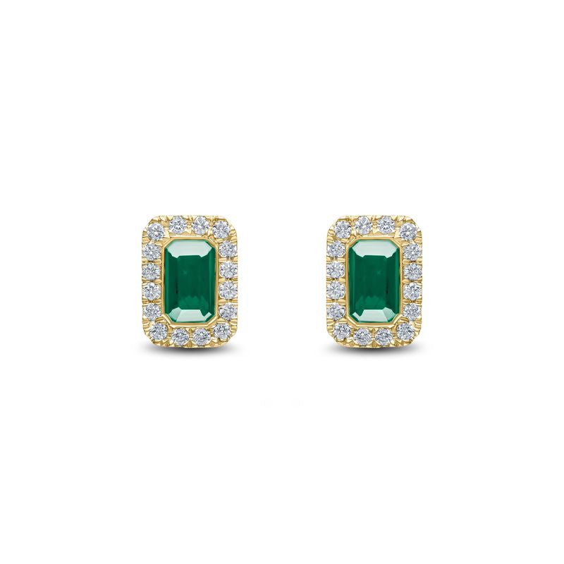 18ct Yellow Gold Octagonal Emerald Cut Natural Emerald and Diamond Cluster Earrings — 5x3mm