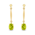 9ct Yellow Gold Oval Natural Peridot Claw Bar Drop Earrings — 7x5mm