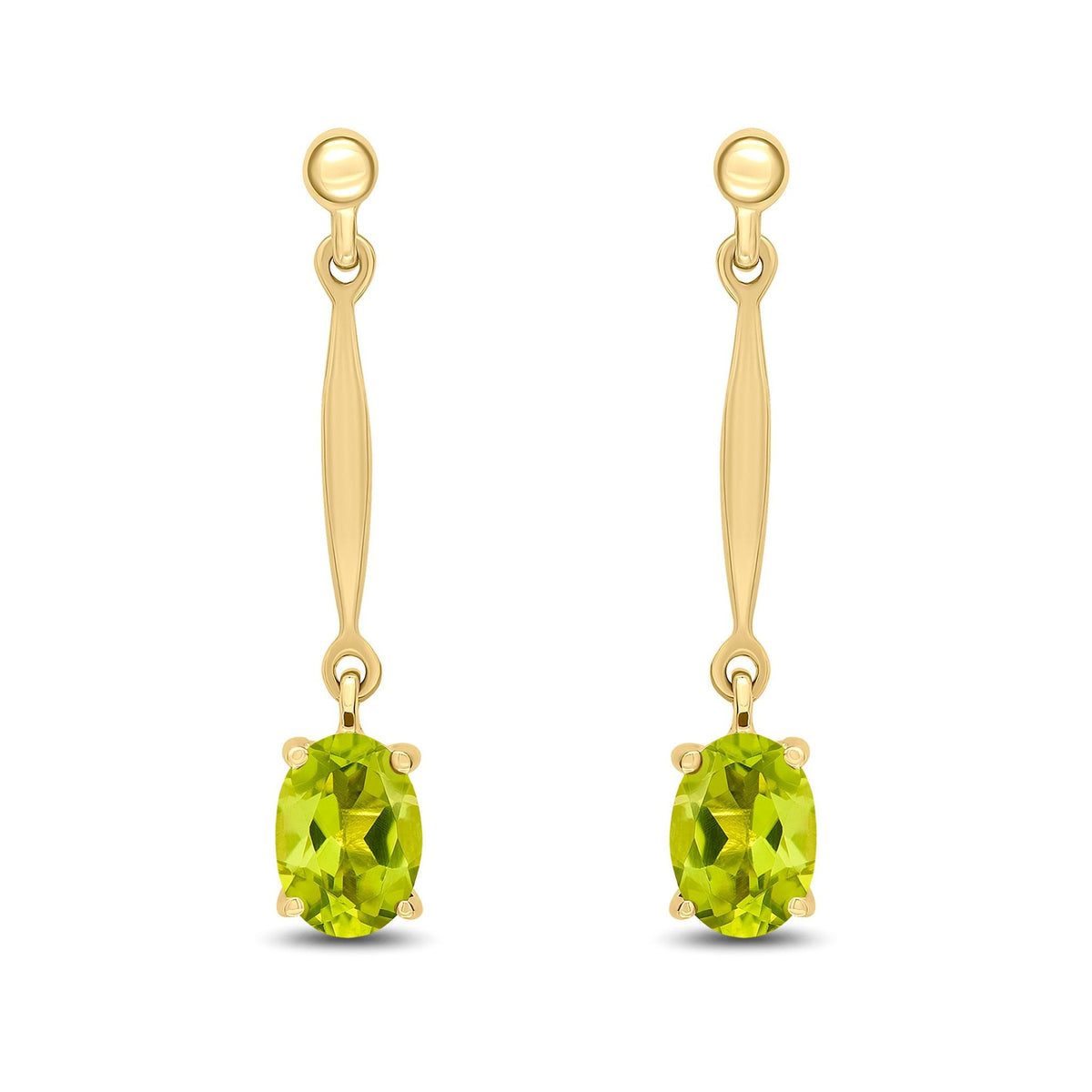 9ct Yellow Gold Oval Natural Peridot Claw Bar Drop Earrings — 7x5mm