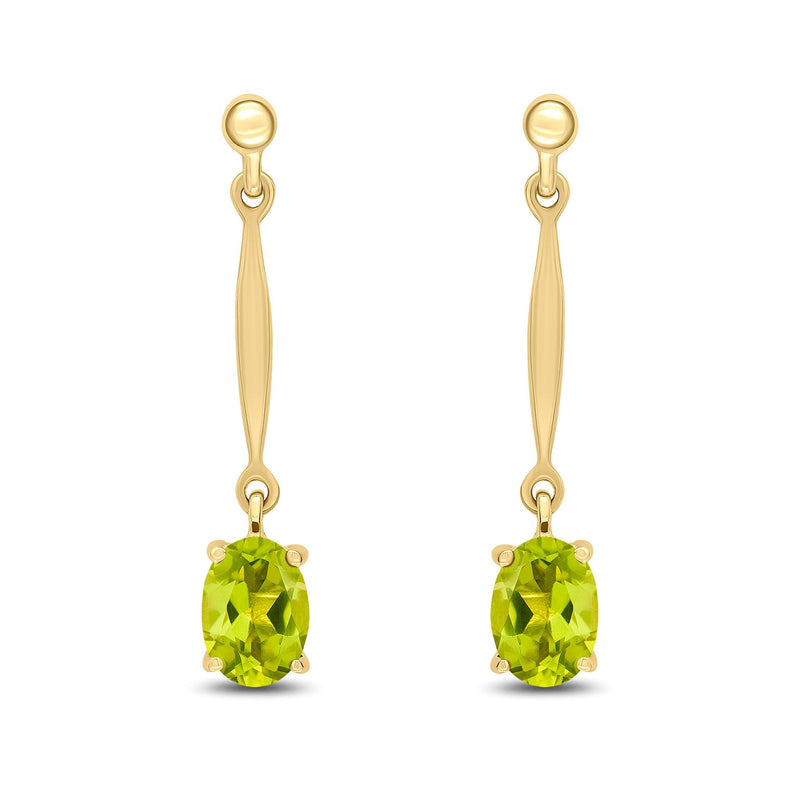 9ct Yellow Gold Oval Natural Peridot Claw Bar Drop Earrings — 7x5mm