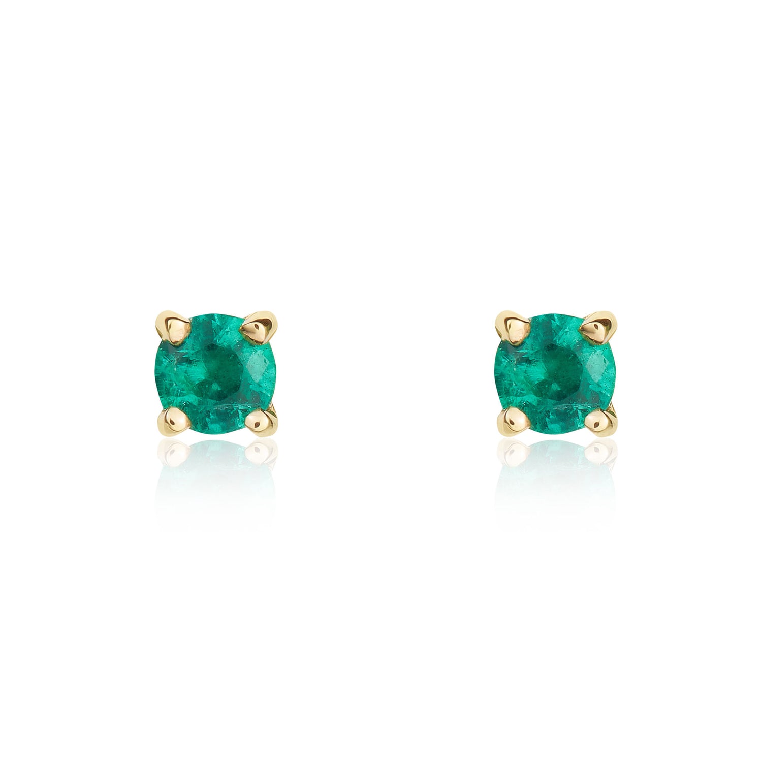 9ct Yellow Gold Round Natural Emerald Claw Stud Earrings — 3mm