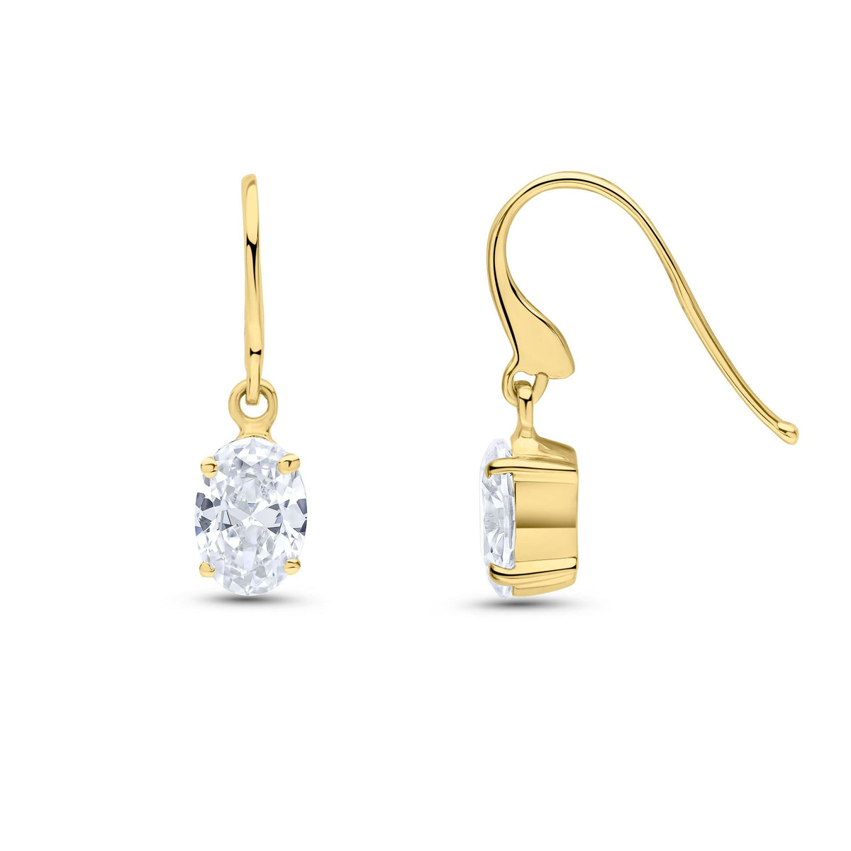 9ct Yellow Gold Oval Cubic Zirconia CZ Claw Hook Wire Drop Earrings — 7x5mm