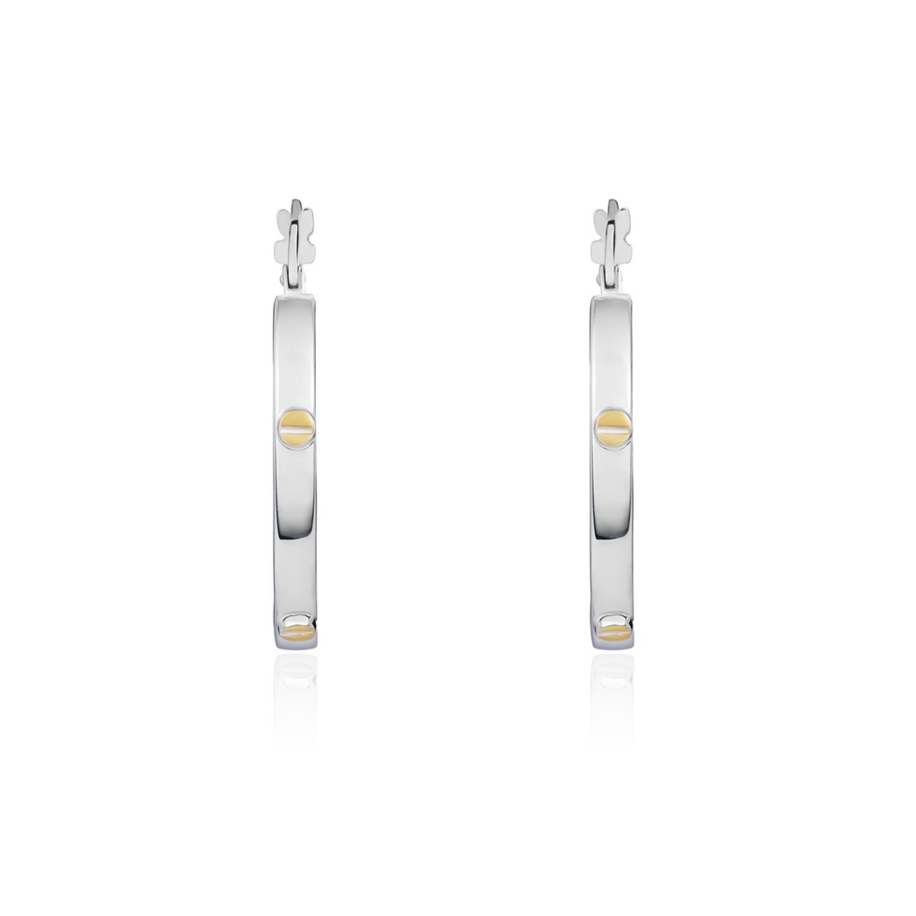 9ct White Gold Square Profile Hoop Earrings with Yellow Gold Screw Motifs — 28x3mm