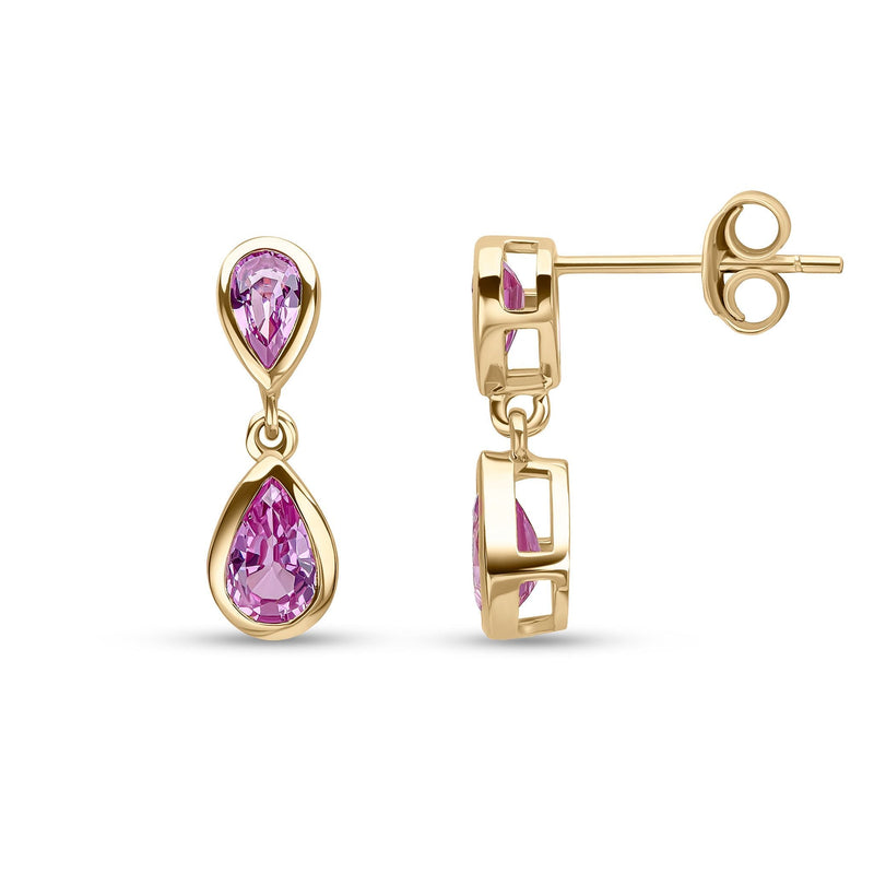 9ct Yellow Gold Pear Shaped Natural Pink Sapphire Two Stone Rubover Drop Earrings