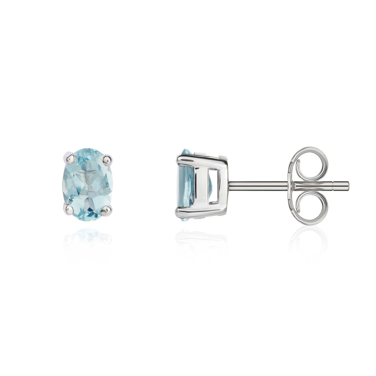 9ct White Gold Oval Natural Aquamarine Claw Stud Earrings — 6x4mm