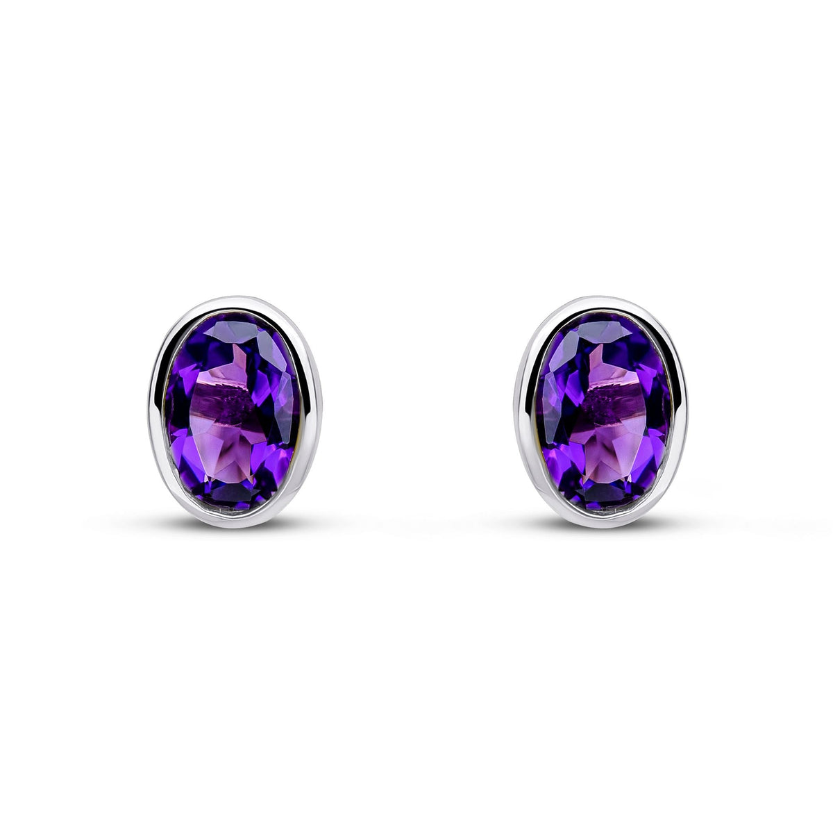 9ct White Gold Oval Natural Amethyst Rubover Stud Earrings — 7x5mm