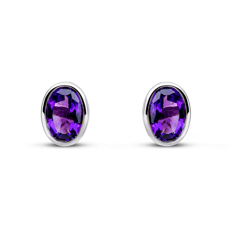 9ct White Gold Oval Natural Amethyst Rubover Stud Earrings — 7x5mm