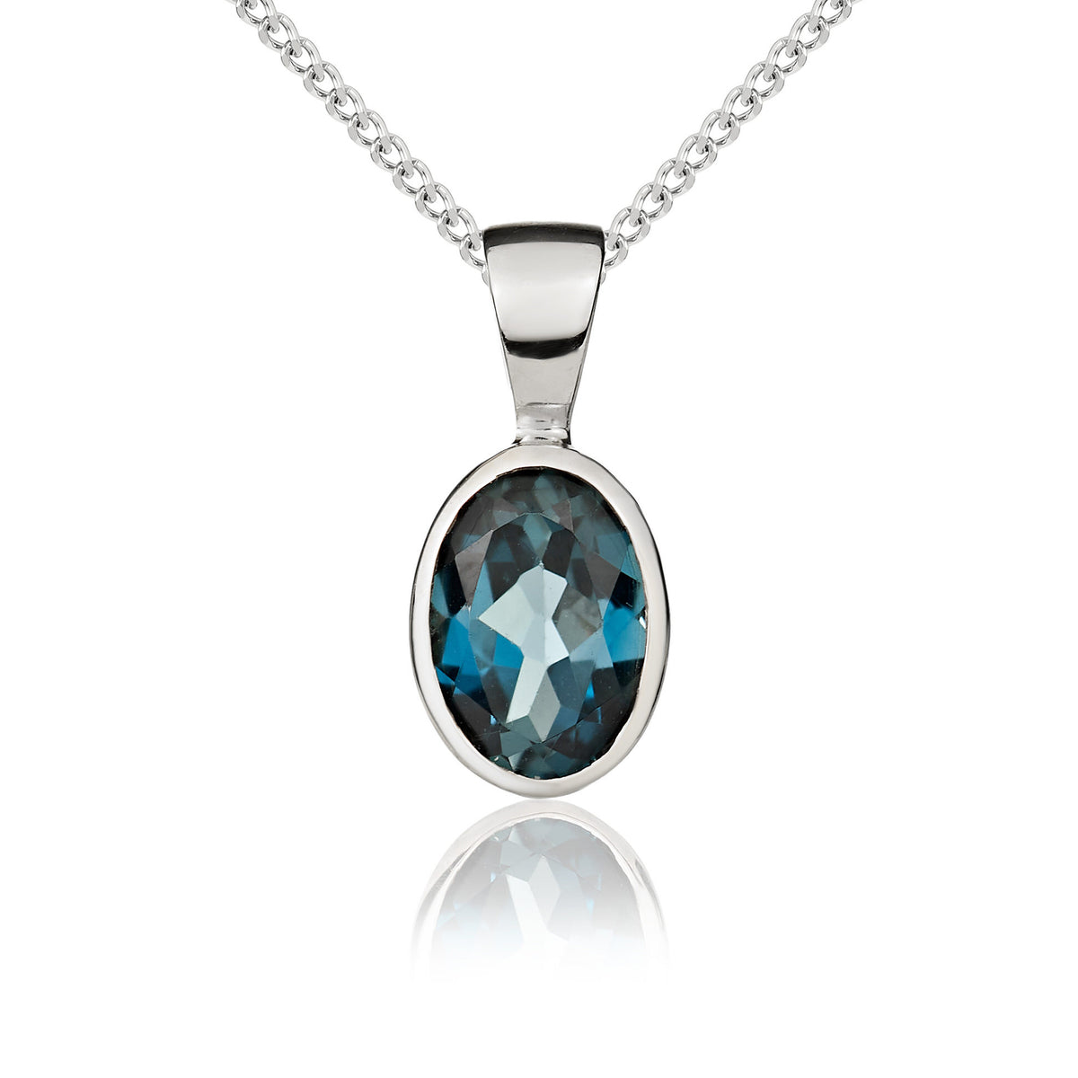 9ct White Gold Oval Natural London Blue Topaz Rubover Pendant — 7x5mm