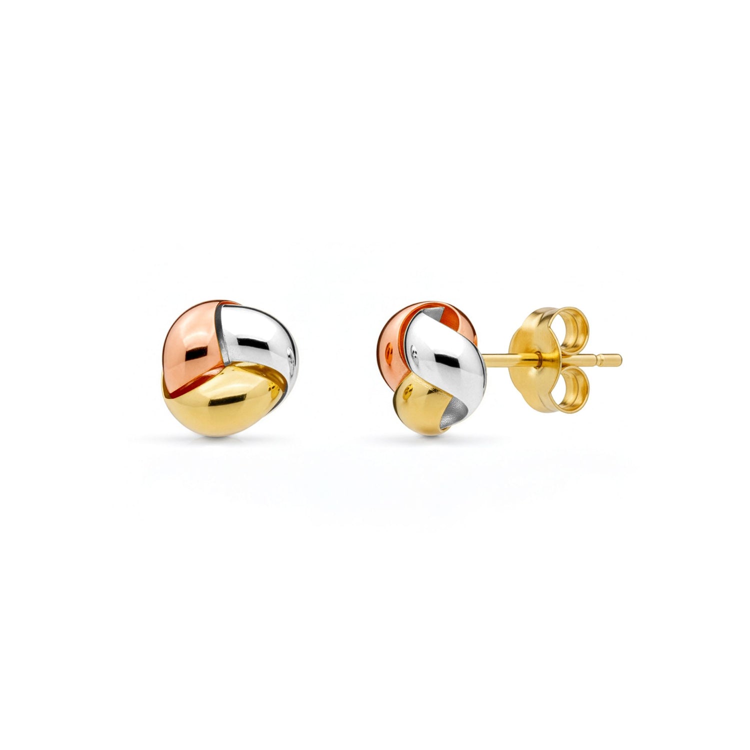 9ct Three-Tone Gold Polished Domed 3-Strand Crossover Knot Stud Earrings — 8mm