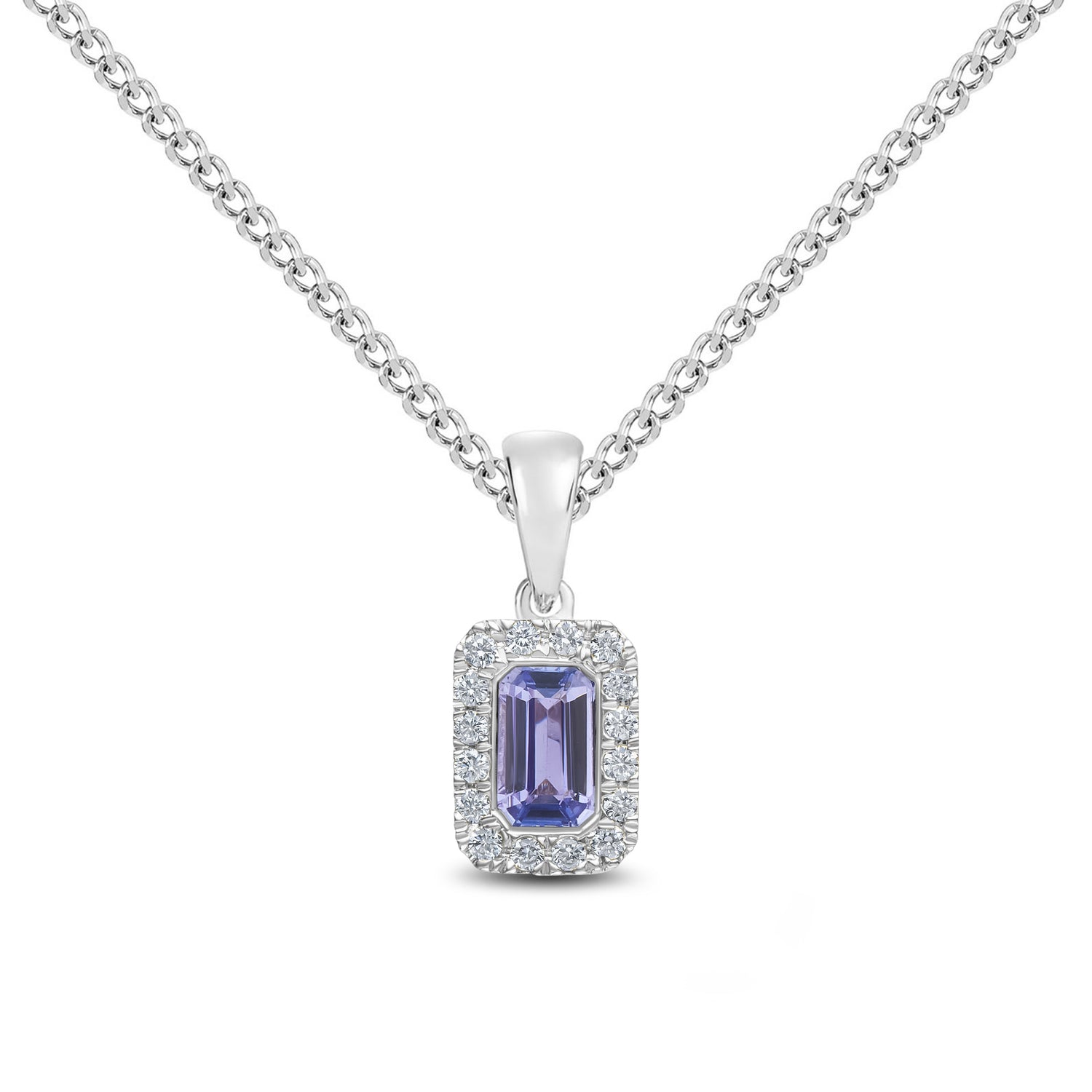18ct White Gold Octagonal Emerald Cut Natural Tanzanite and Round Diamond Microset Cluster Pendant — 5x3mm