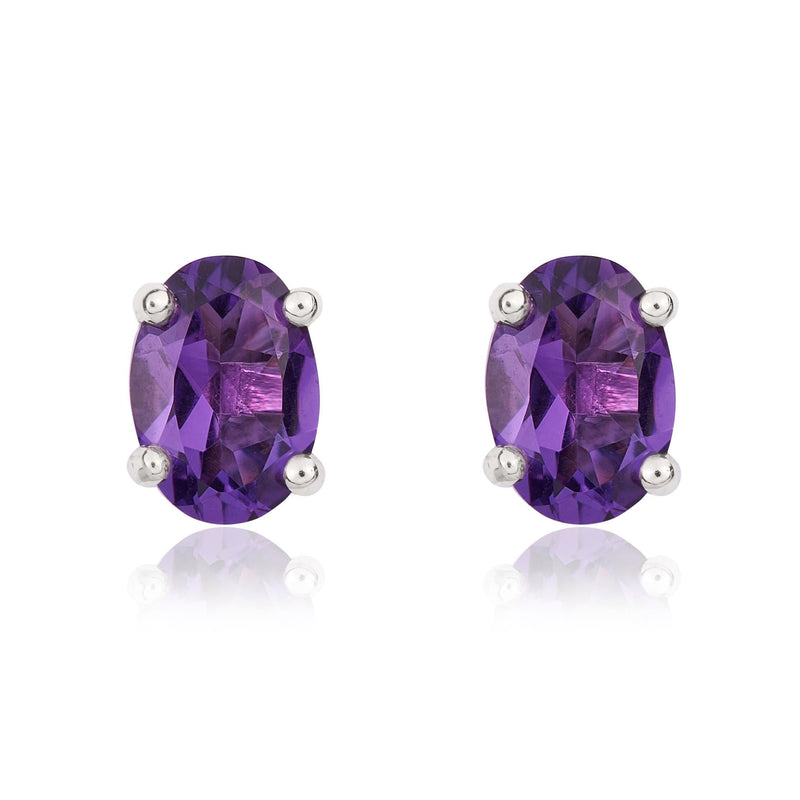 9ct White Gold Oval Natural Amethyst Claw Stud Earrings — 7x5mm