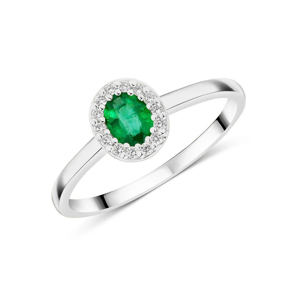 18ct White Gold Oval Emerald and Diamond Microset Cluster Ring — 5x4mm