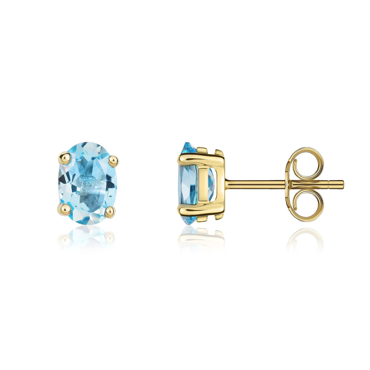 9ct Yellow Gold Oval Natural Swiss Blue Topaz Claw Stud Earrings — 7x5mm