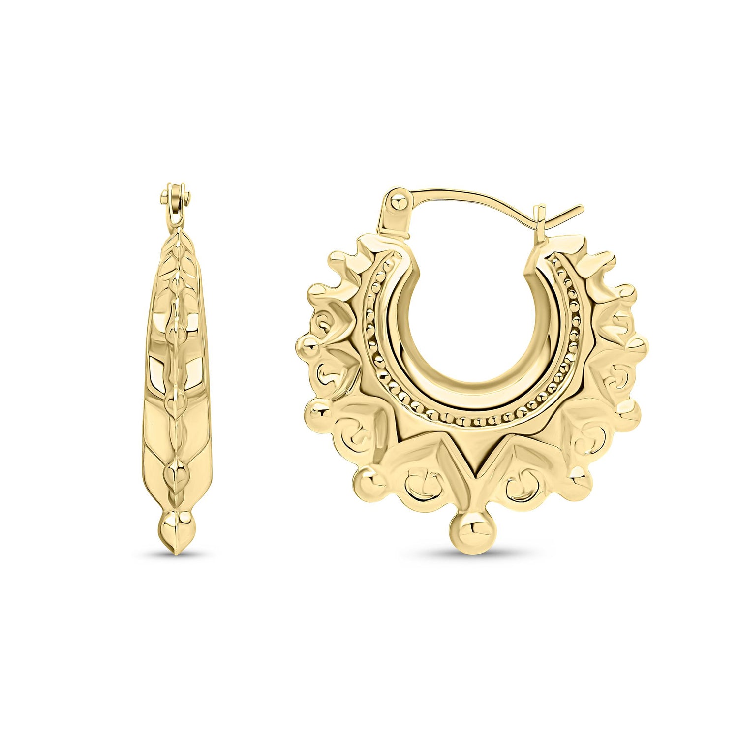 9ct Yellow Gold Ornate Vintage Hoop Earrings