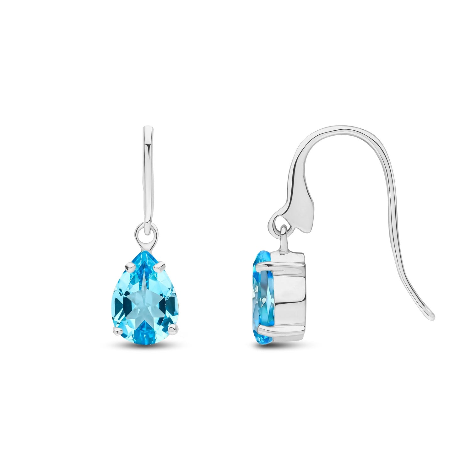 9ct White Gold Pear Shaped Natural Swiss Blue Topaz Claw Wire Hook Drop Earrings — 7x5mm