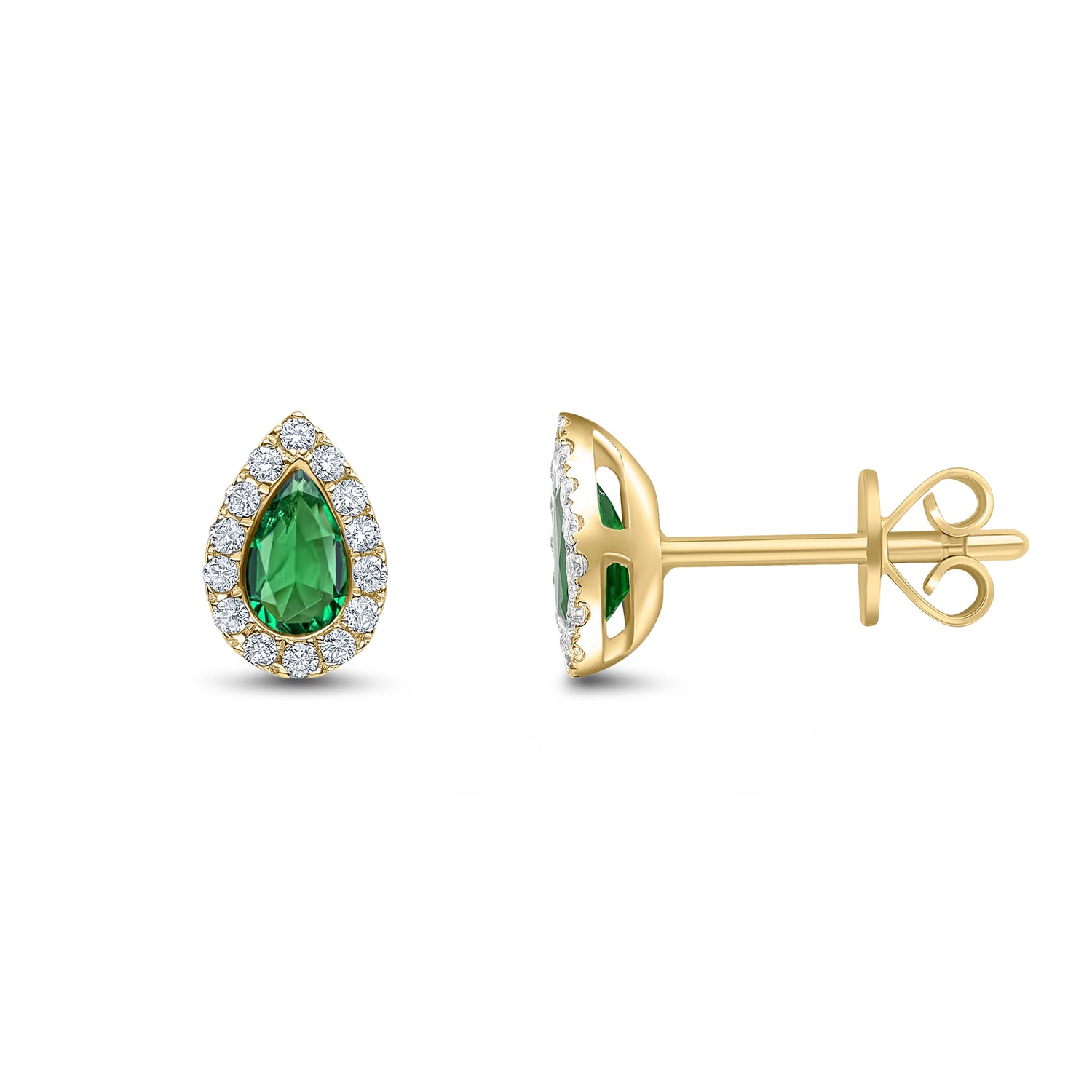18ct Yellow Gold Pear Shaped Natural Emerald and Diamond Cluster Stud Earrings — 5x3mm