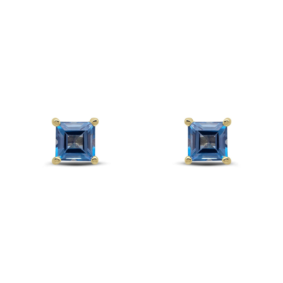 9ct Yellow Gold Square Natural London Blue Topaz Claw Stud Earrings — 5mm