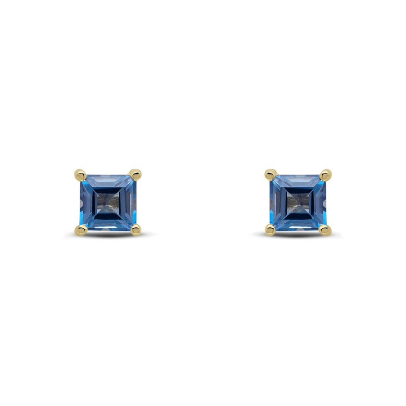 9ct Yellow Gold Square Natural London Blue Topaz Claw Stud Earrings — 5mm