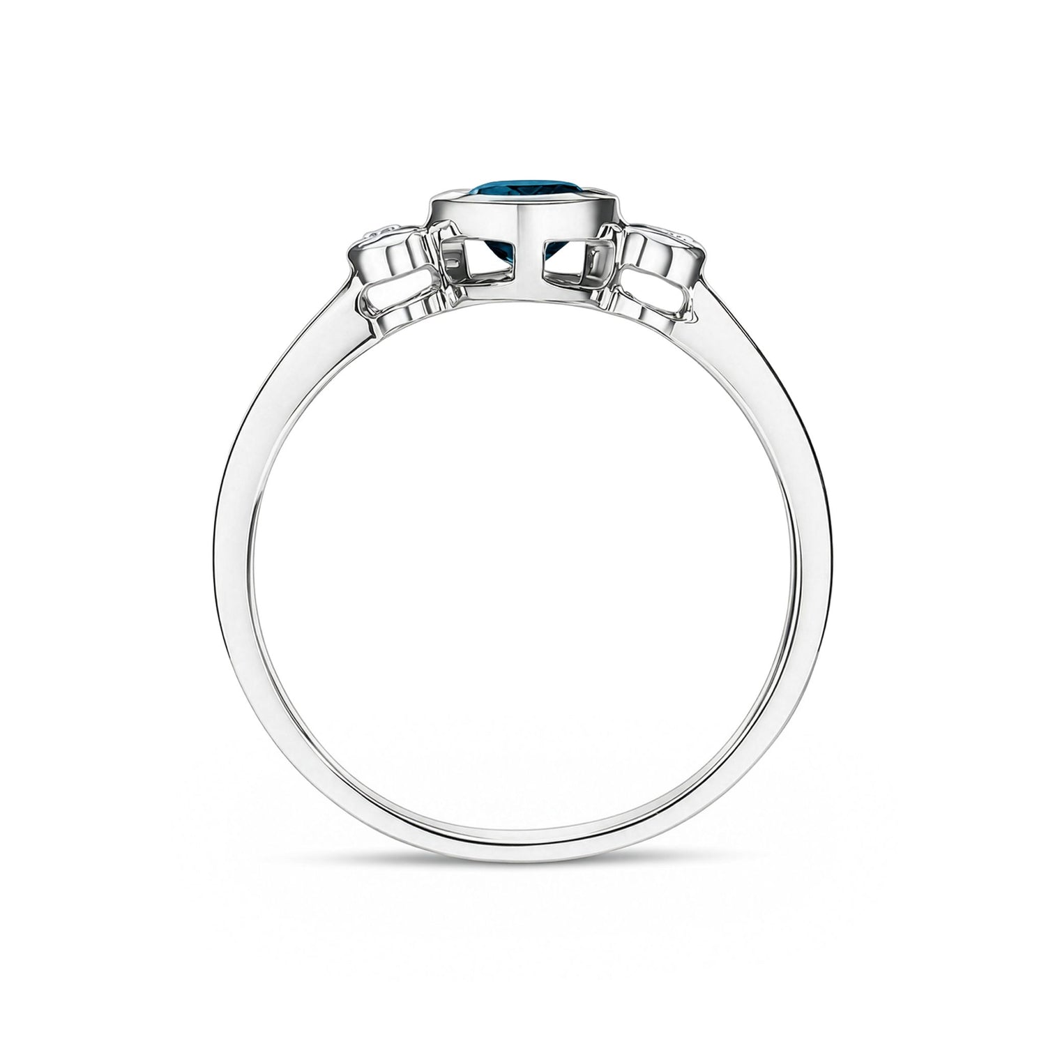 9ct White Gold Oval  Natural London Blue Topaz and Round Diamond Rubover Three Stone Ring — 7x5mm