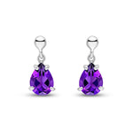 9ct White Gold Pear Shaped Natural Amethyst Claw Drop Earrings — 7x5mm